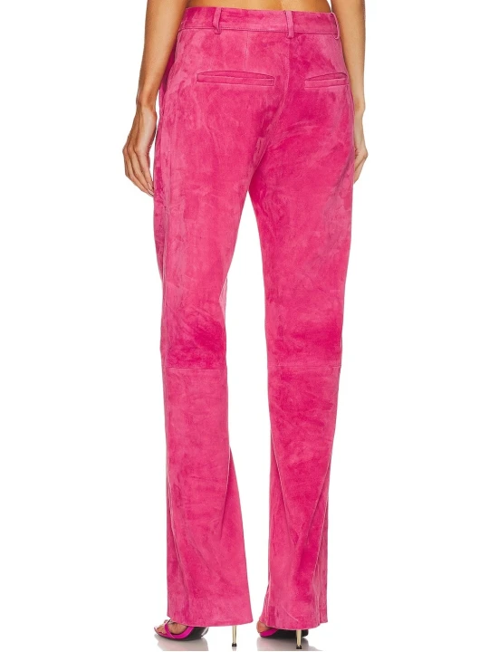 Zip Fly With Snap Button Closure Pink Suede Leather Pants