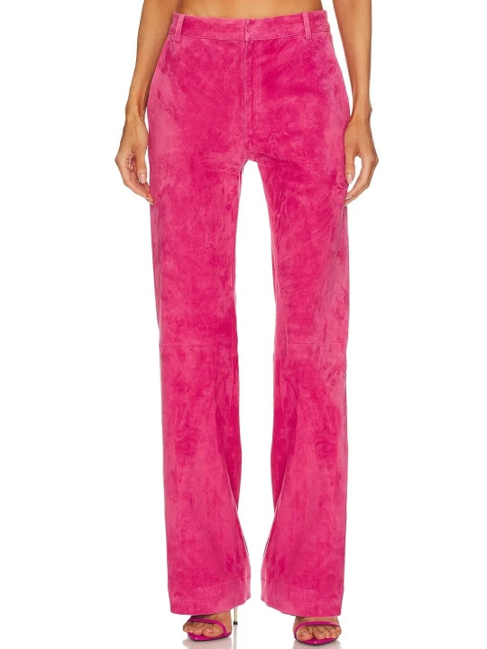 Zip Fly With Snap Button Closure Pink Suede Leather Pants