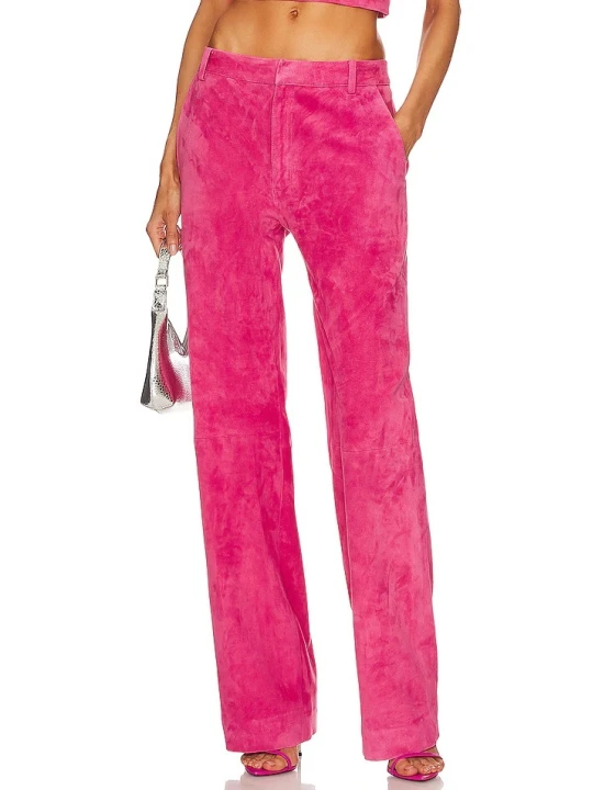 Zip Fly With Snap Button Closure Pink Suede Leather Pants