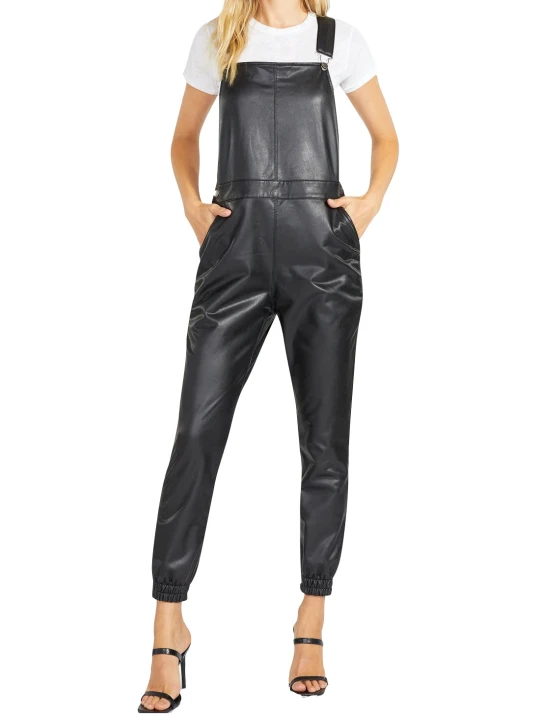 Women High Fashion Real Lambskin Black Leather Overall Dungarees Romper