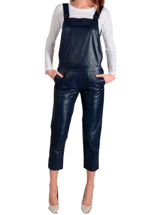 Women Stylish Real Lambskin Navy Blue Leather Overall Dungarees Romper Women Stylish Real Lambskin Navy Blue Leather Overall Dungarees Romper
