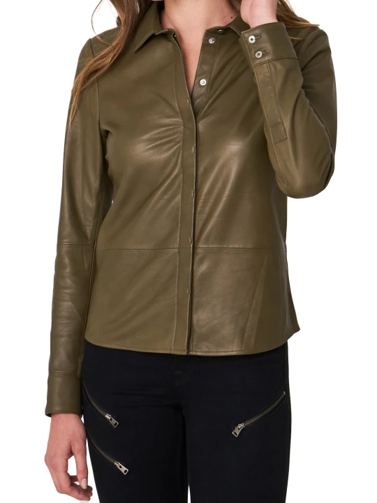 Women Classic Real Lambskin Brown Leather Shirt