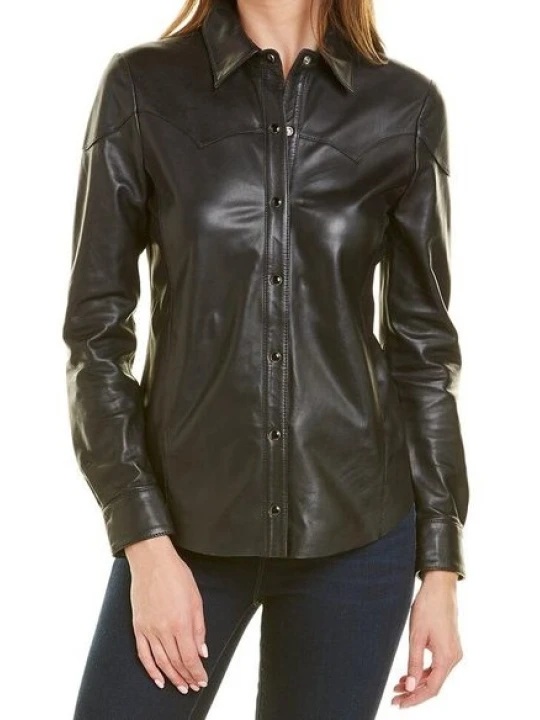 Women Elegant Style Real Lambskin Black Leather Shirt