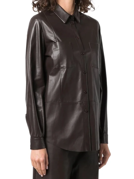 Women Fabulous Real Lambskin Dark Brown Leather Shirt