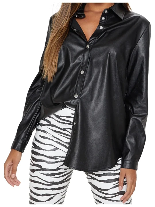 Women Glamorous Real Lambskin Black Leather Shirt