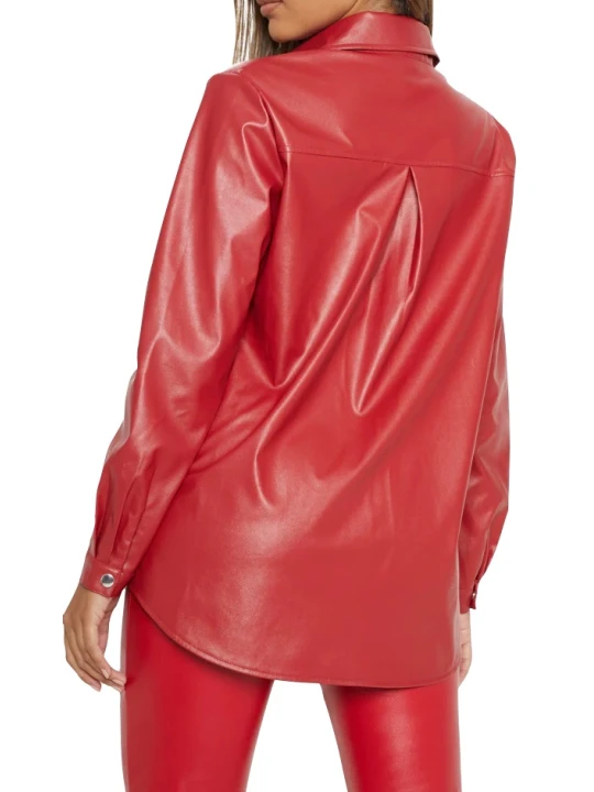 Women Glamorous Real Lambskin Red Leather Shirt