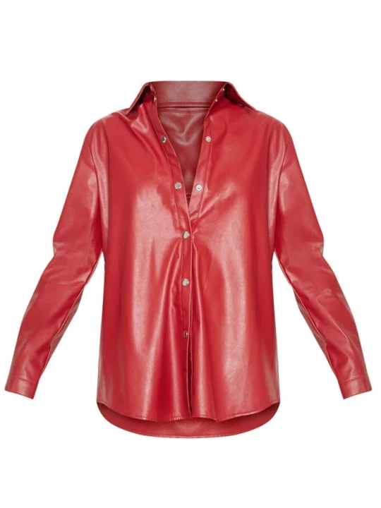 Women Glamorous Real Lambskin Red Leather Shirt