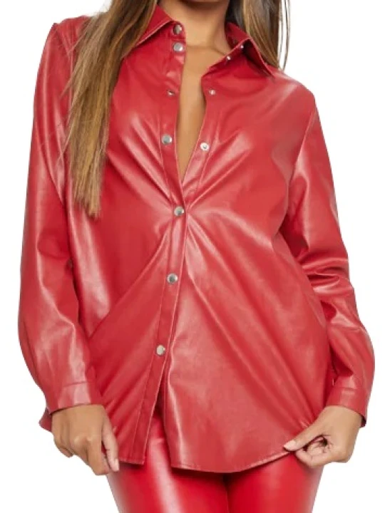 Women Glamorous Real Lambskin Red Leather Shirt