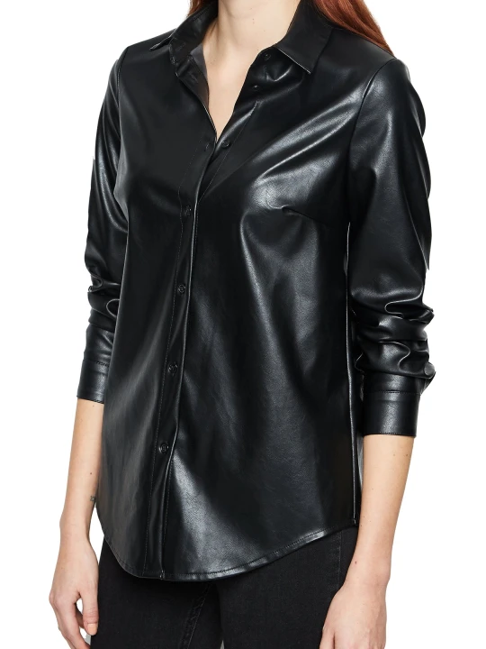 Women Smart Real Lambskin Black Leather Shirt