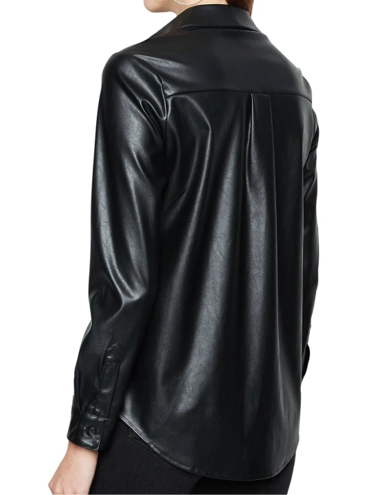 Women Smart Real Lambskin Black Leather Shirt