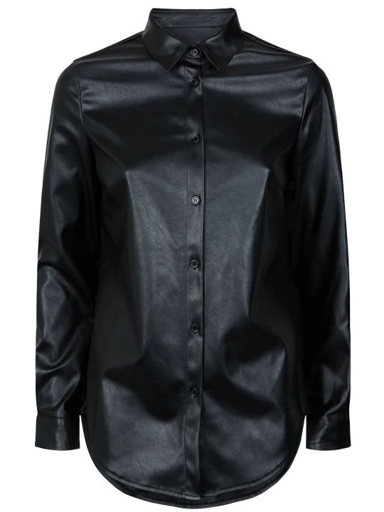 Women Smart Real Lambskin Black Leather Shirt