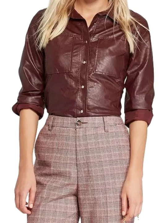 Women Trendsetting Real Lambskin Burgundy Leather Shirt