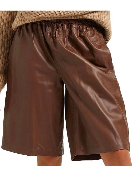 Brown Leather Pull On Bermuda Short 