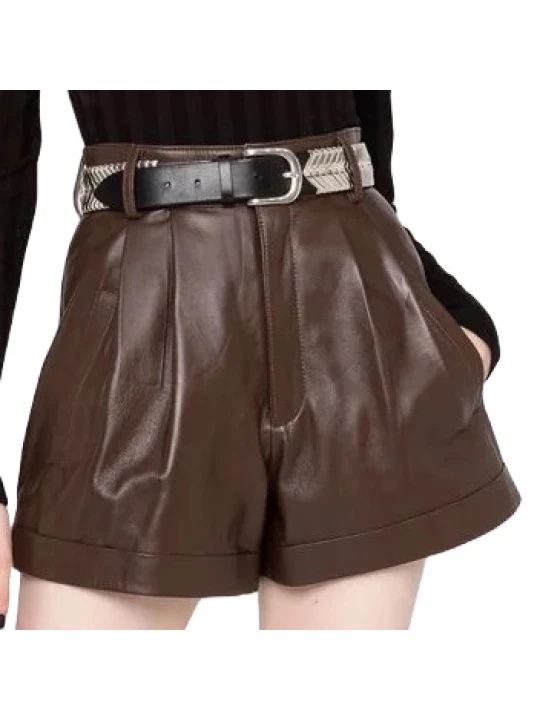 Brown Leather Short With Two Diagonal Pockets