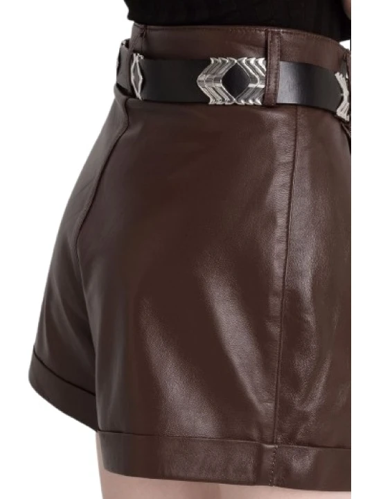 Brown Leather Short With Two Diagonal Pockets Brown Leather Short With Two Diagonal Pockets