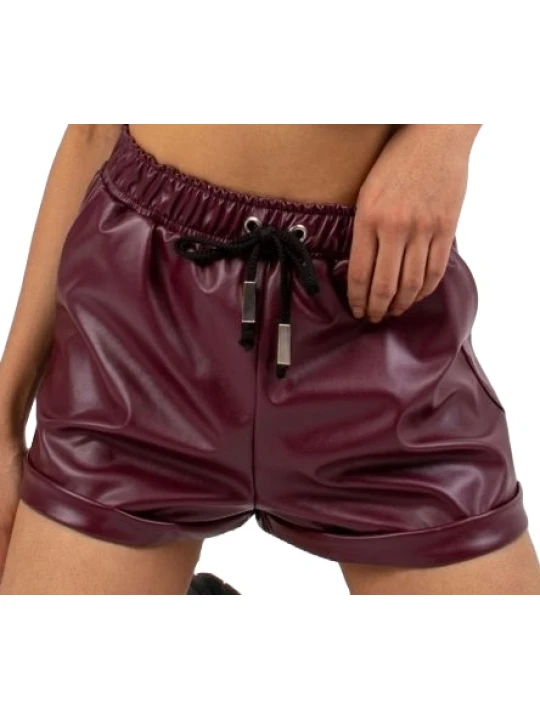 Burgundy Leather Short With Elastic Waist