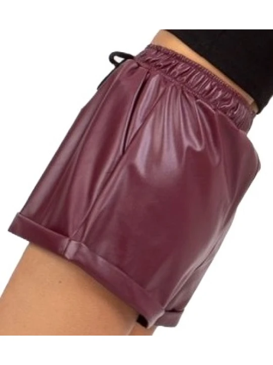 Burgundy Leather Short With Elastic Waist