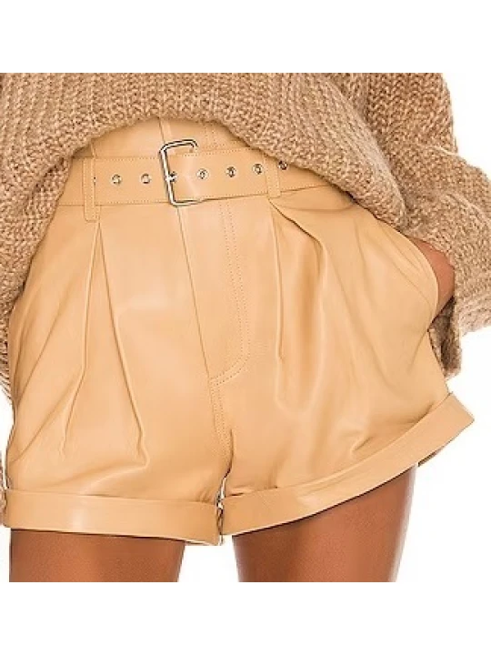 Female Front Bar Closure Beige Leather Short