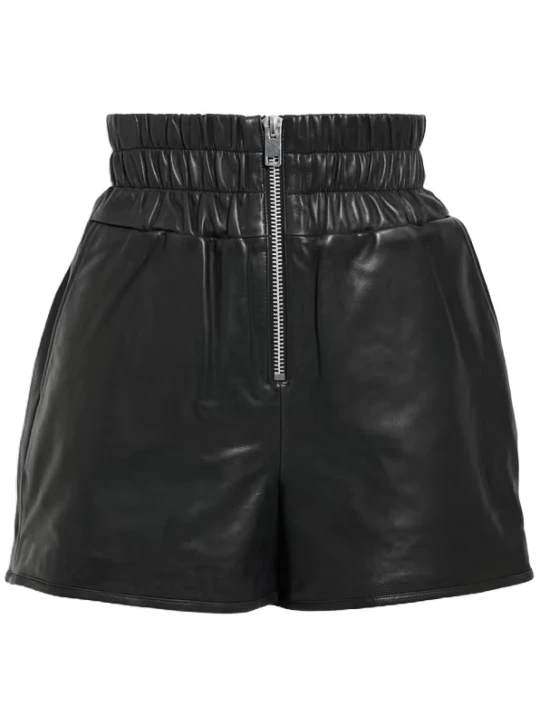 Front Zipper Black Leather Short Front Zipper Black Leather Short