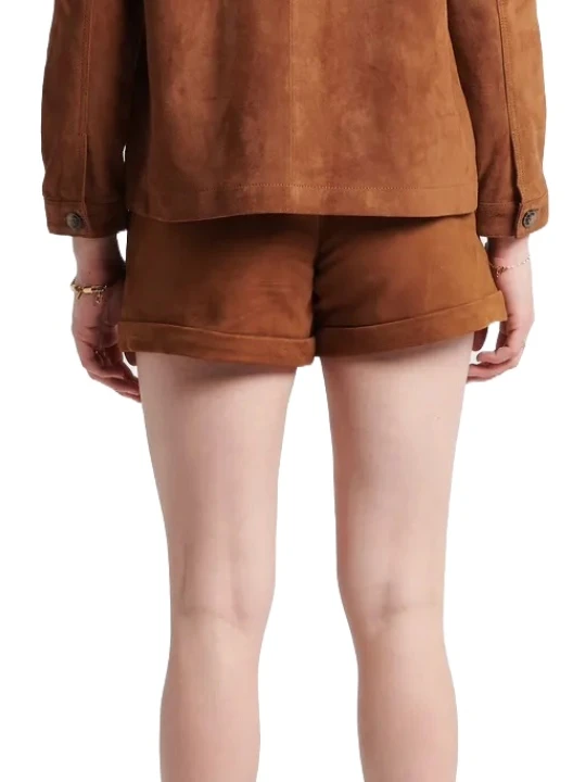 Hemmed Camel Suede Leather Shorts