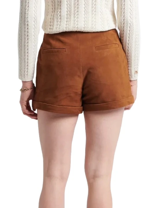 Hemmed Camel Suede Leather Shorts