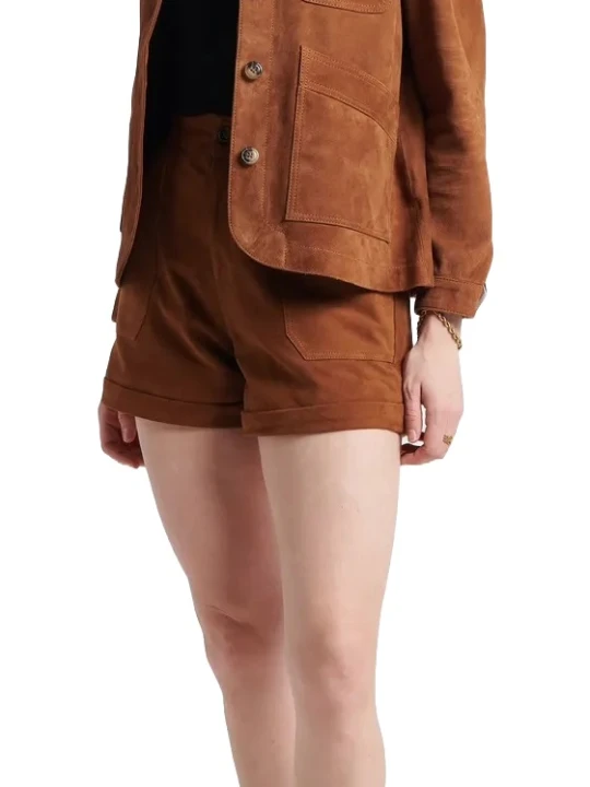 Hemmed Camel Suede Leather Shorts