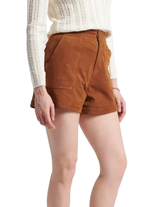Hemmed Camel Suede Leather Shorts