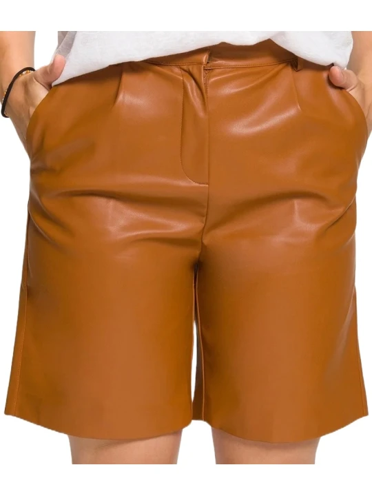 High Waist Cognac Fitted Leather Short