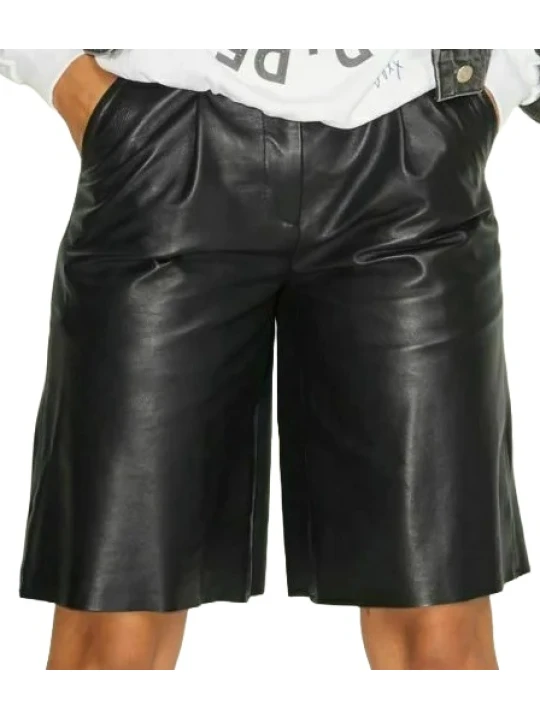 Knee Length Black Real Leather Short