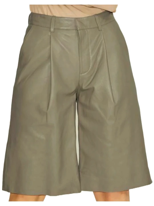 Knee Length Dark Brown Real Leather Short