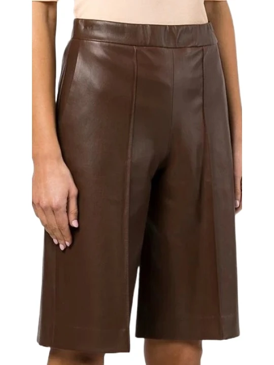 Mid Rise Grained Brown Leather Short