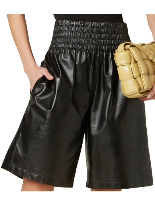 Real Black Elasticated Leather Short