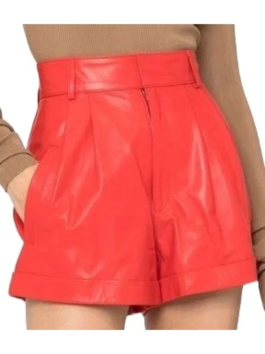 Red Leather Short With Two Diagonal Pockets
