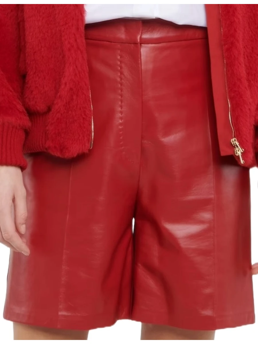 Red Pressed Pleats Lamb Leather Short