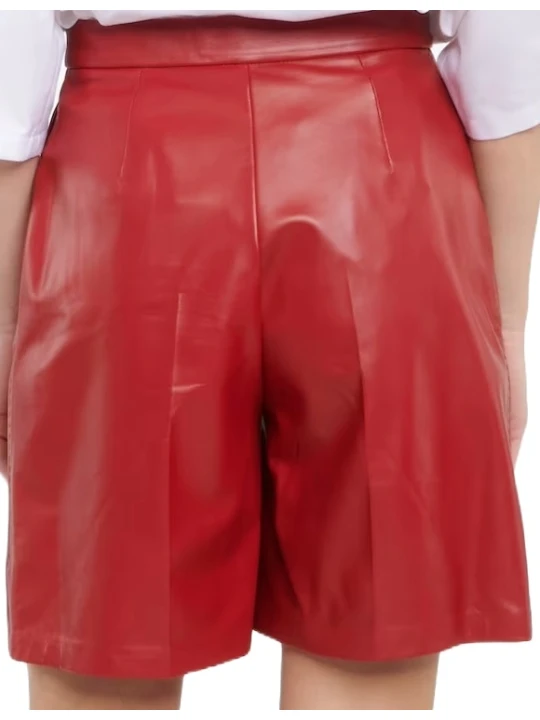 Red Pressed Pleats Lamb Leather Short