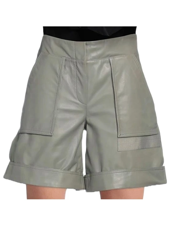 Regular Fitted Zipper Grey Leather Short