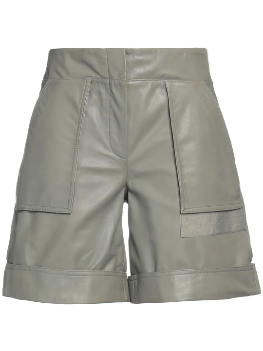Regular Fitted Zipper Grey Leather Short
