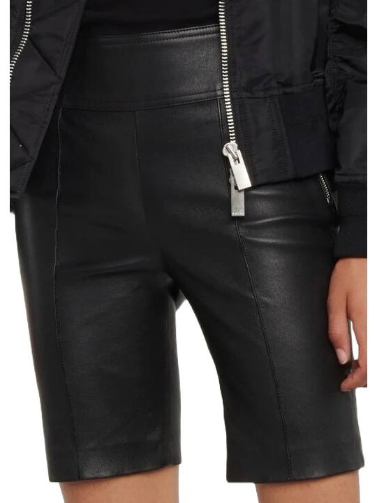 Side Zipper Black Leather Biker Short