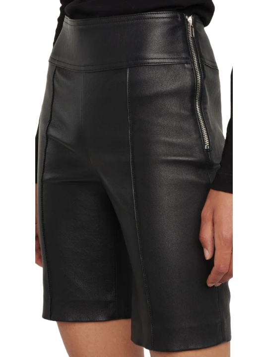 Side Zipper Black Leather Biker Short