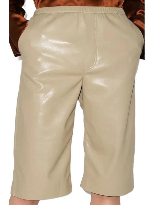 Simple Knee Length Beige Leather Short