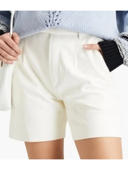 Women Straight Leg Pleated White Leather Short