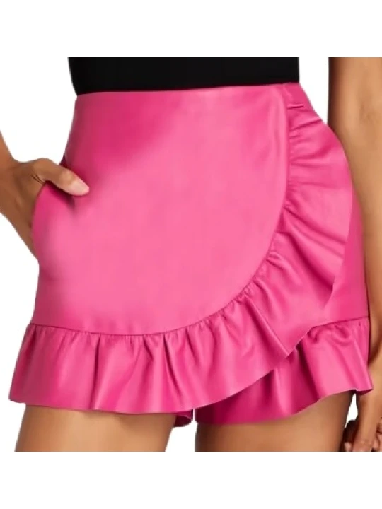 Wrap Ruffle Pink Leather Short