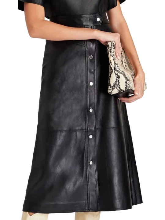 A Line Midi Black Leather Skirt 