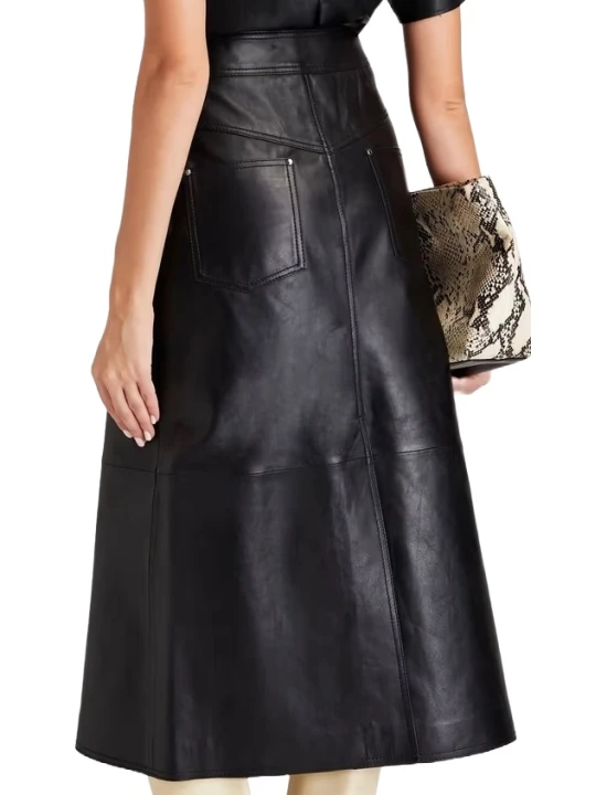 A Line Midi Black Leather Skirt 