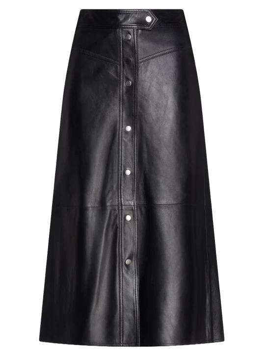 A Line Midi Black Leather Skirt 