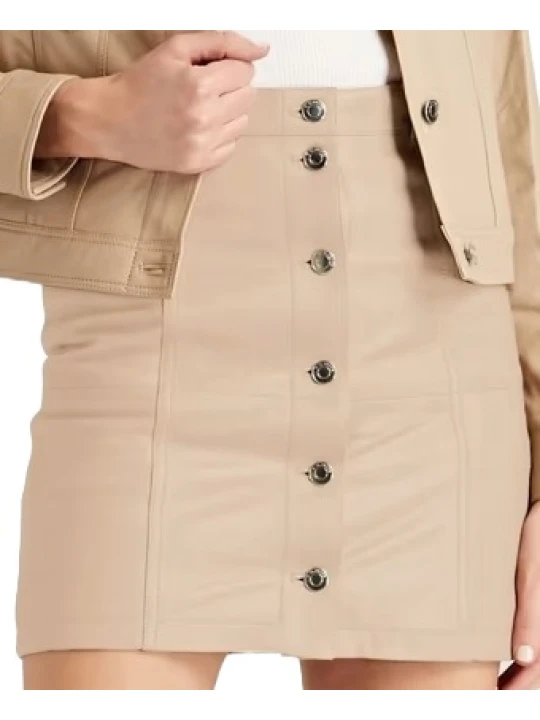 Beige Button Leather Skirt