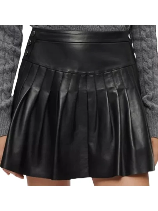 Black Leather Mini Skirt With Pleated 