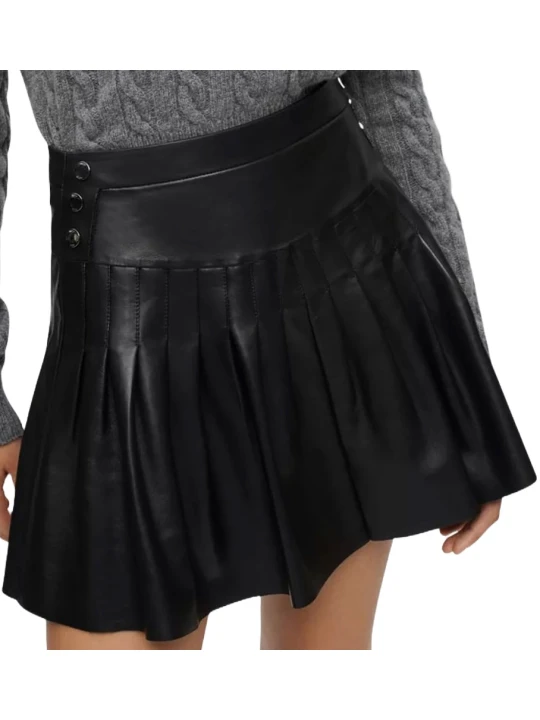 Black Leather Mini Skirt With Pleated 
