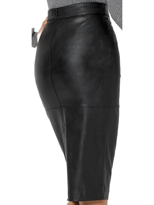 Black Leather Straight Midi Skirt