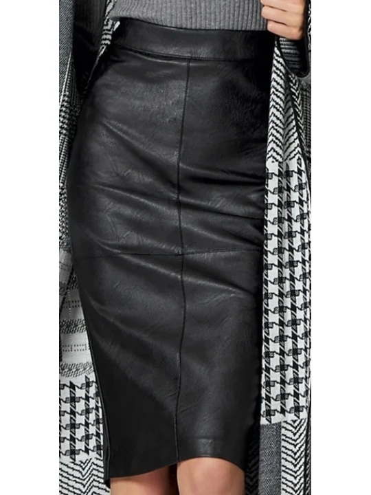 Black Leather Straight Midi Skirt